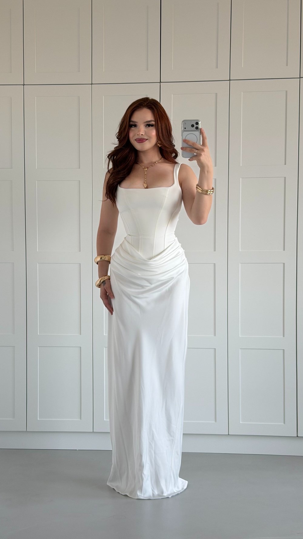 Sofia Drape Saten Uzun Elbise Beyaz