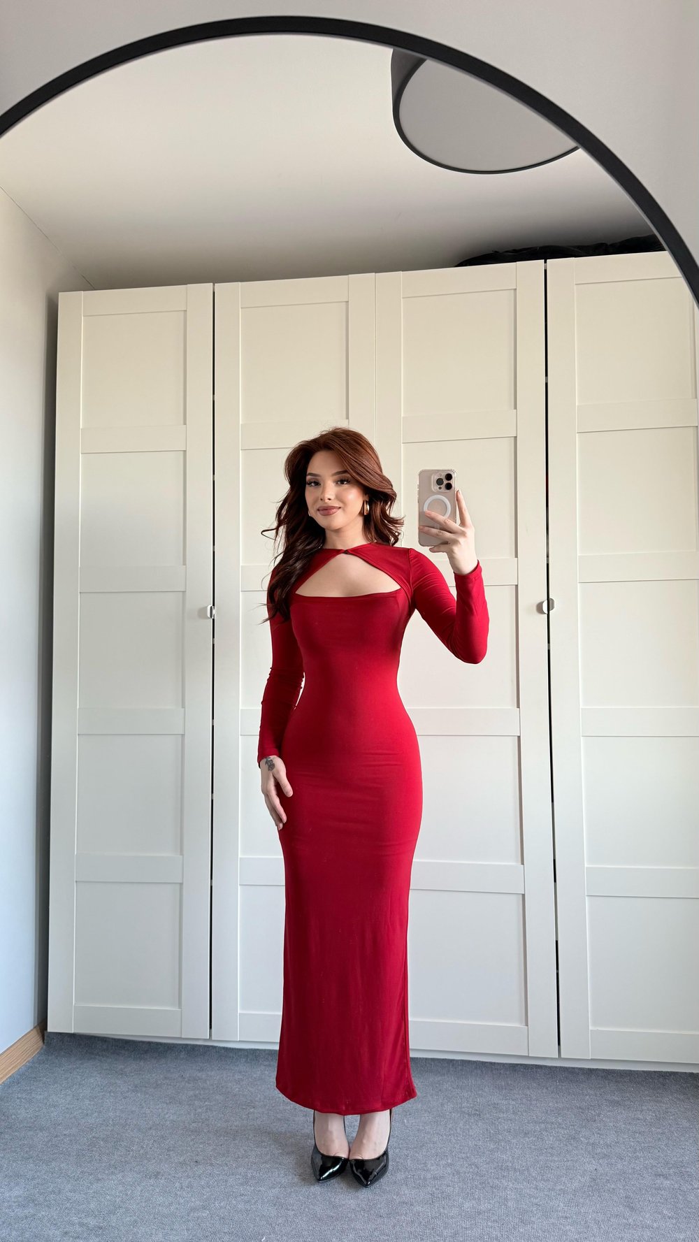 Fashion Trend Uzun Kare Yaka Elbise Kırmızı