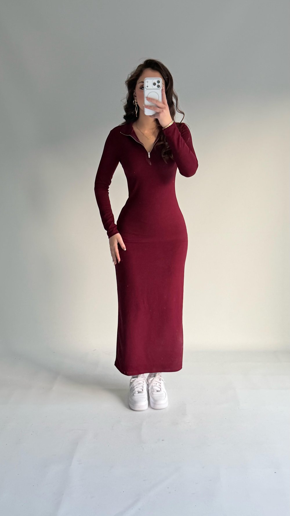 Fermuarlı Uzun Kol Fitilli Elbise Bordo