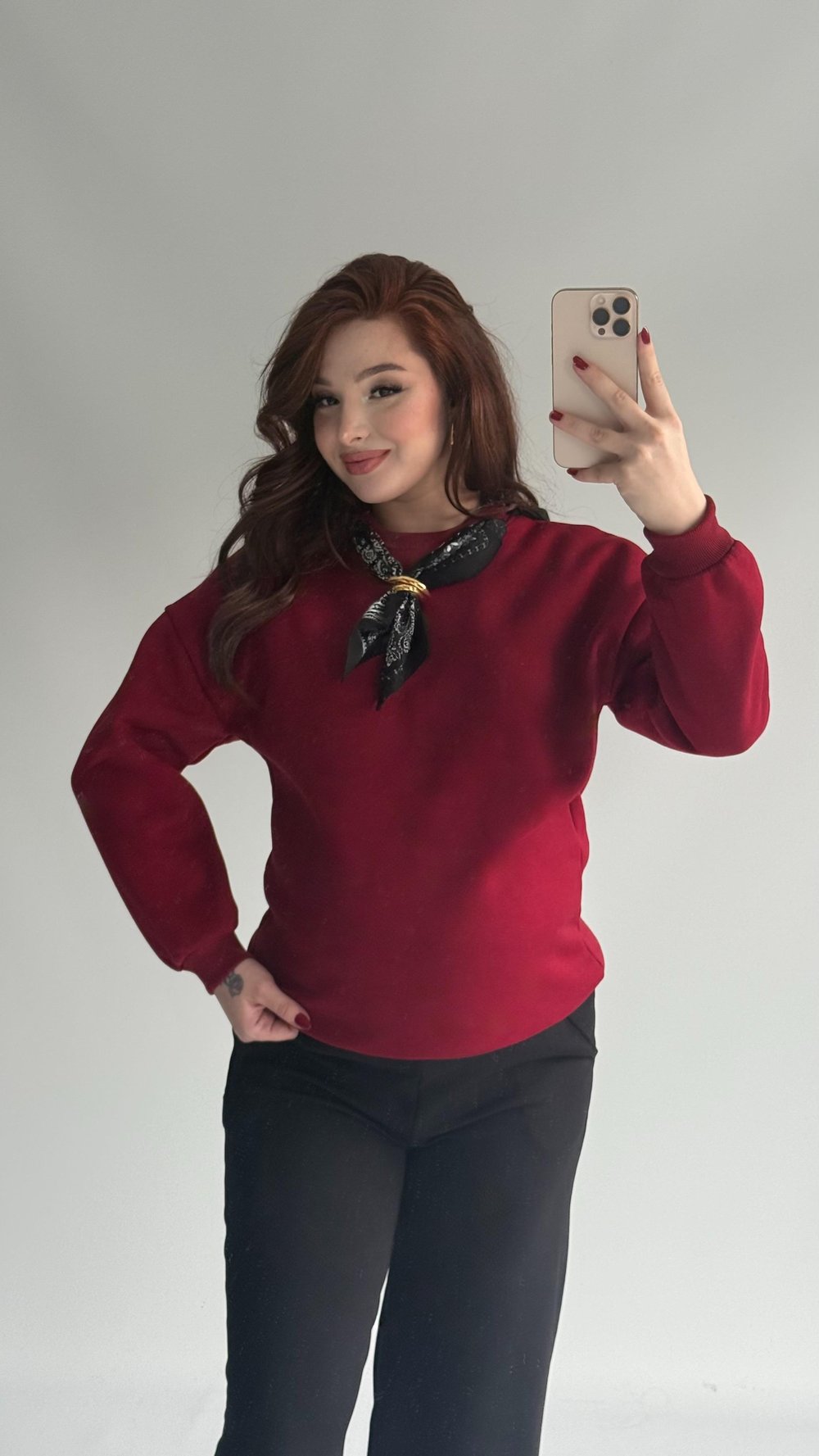 Fularlı Üç İplik Sweat Bordo