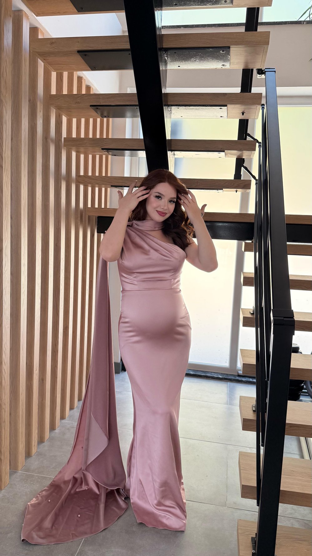 İncili Şal Detaylı Abiye Pembe