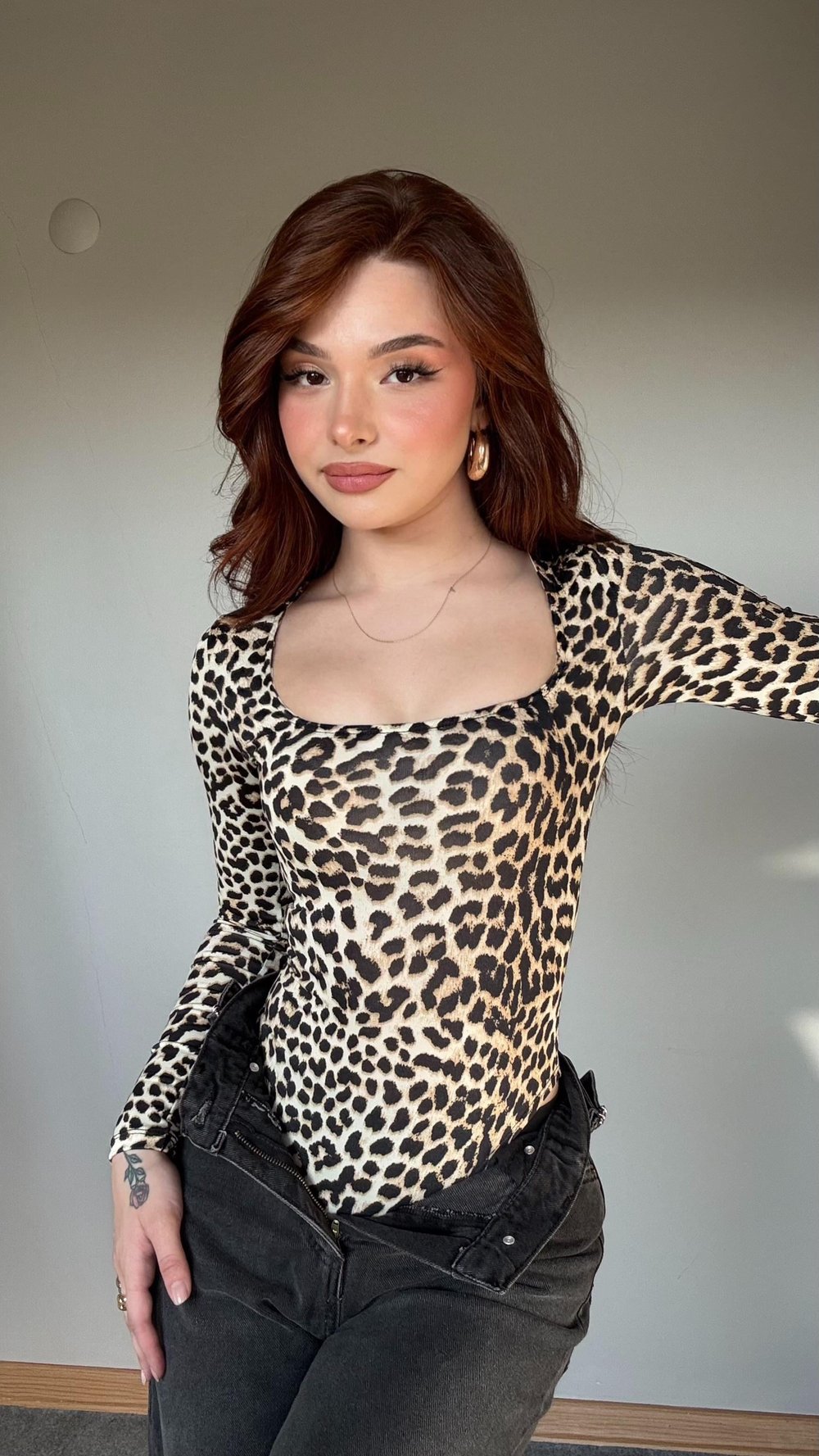 Kare Yaka Bodysuit Uzun Kol Leopar