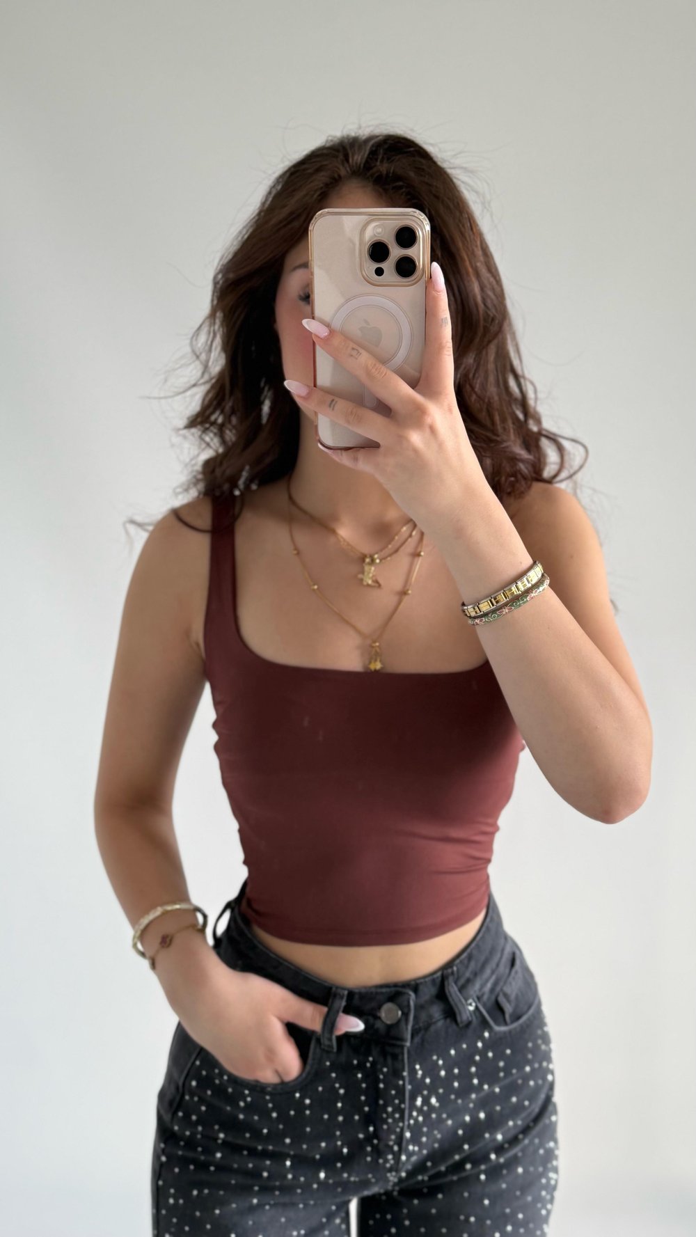 Kare Yaka Kalın Askı Crop Atlet Kahverengi