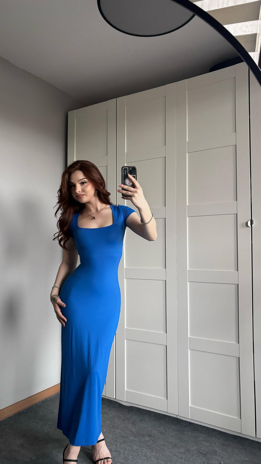 Kare Yaka Kısa Kol Mavi Elbise 