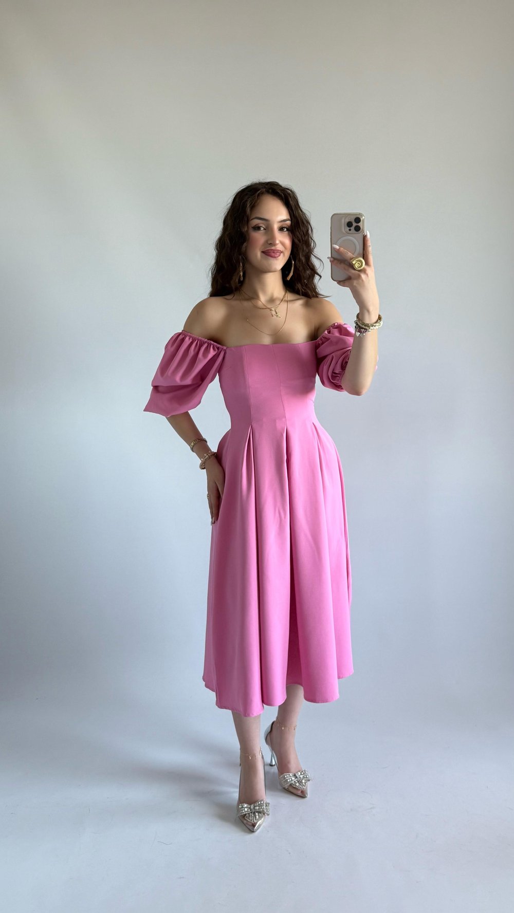 Karpuz Kol Bonjour Pembe Elbise