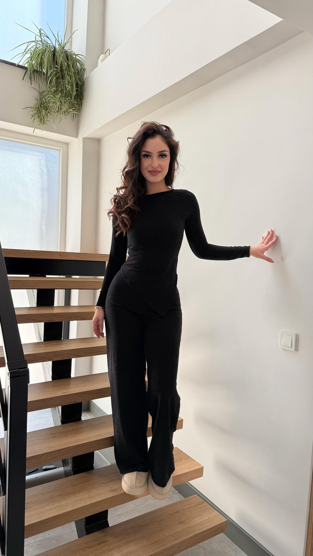 Kayık Yaka Örme İkili Takım Siyah