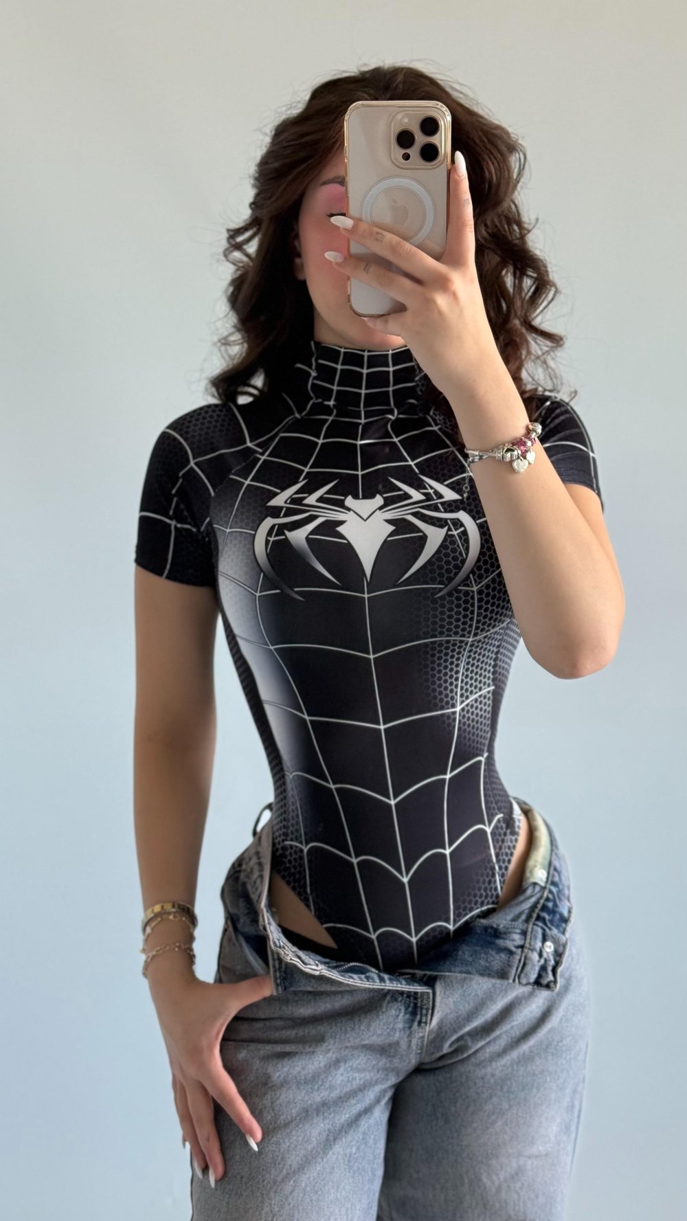 Kısa Kol Baskı Bodysuit Spider Siyah