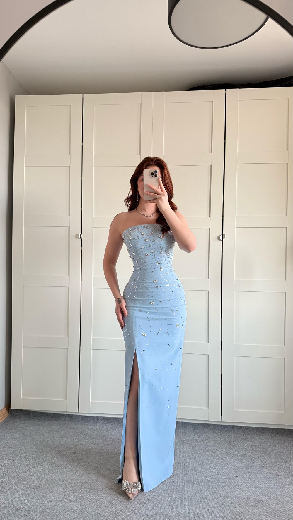 Luxury Straplez Taşlı Abiye Bebe Mavisi