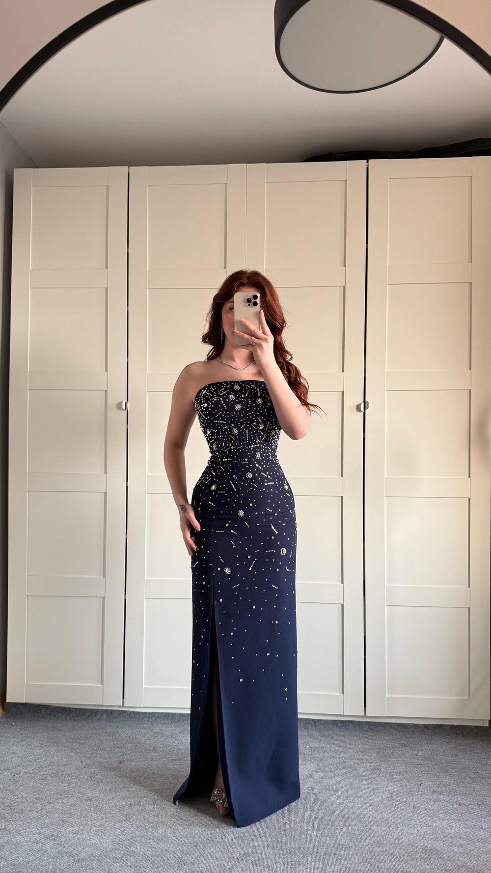 Luxury Straplez Taşlı Abiye Lacivert