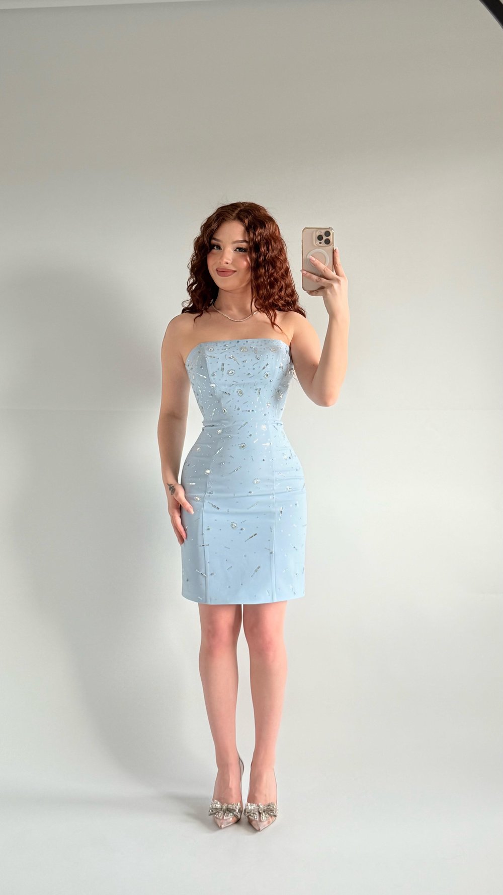 Luxury Straplez Taşlı Mini Abiye Bebe Mavisi
