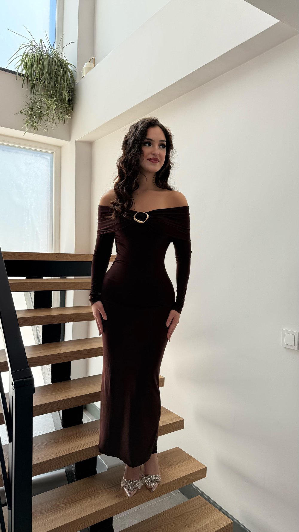 Madonna Gold Aksesuarlı Elbise Kahverengi