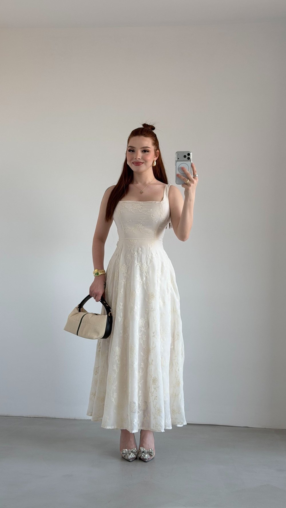 Maried Kare yaka Elbise Ekru