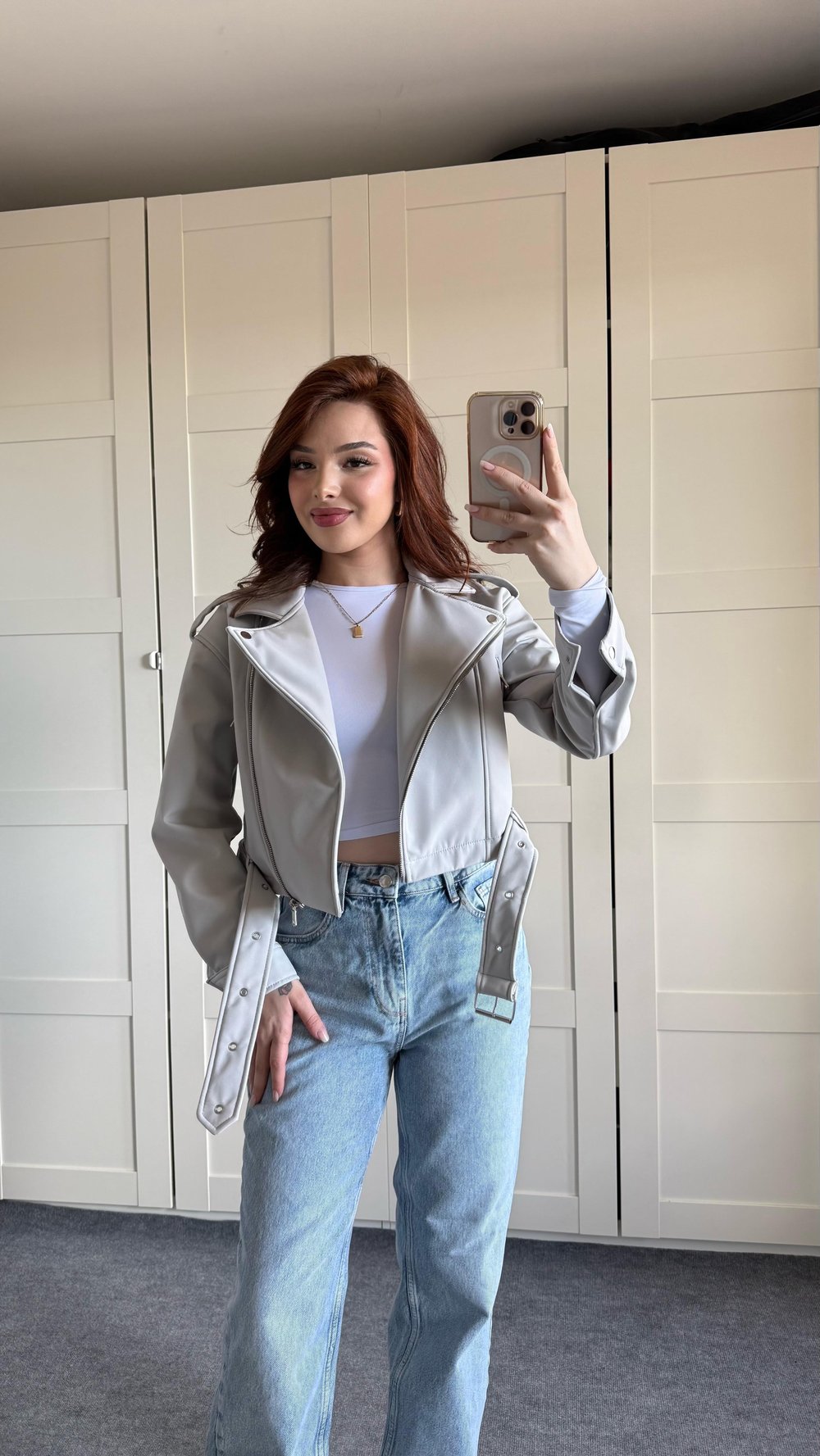 Marka Deri Crop Biker Gri Ceket