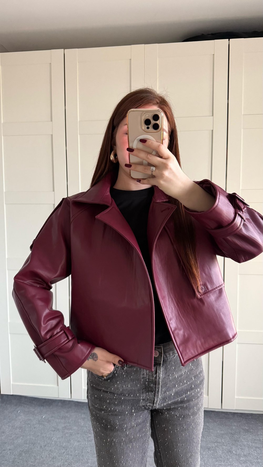 Massi Crop Biker Ceket Bordo