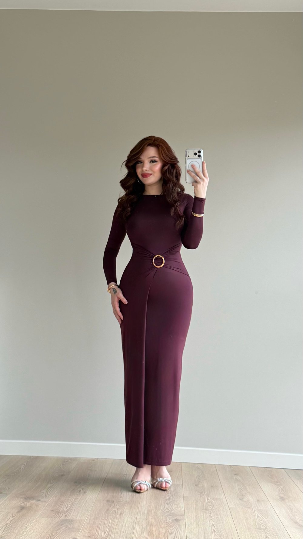 Maxi Gold Tokalı Polyamid Elbise Mürdüm