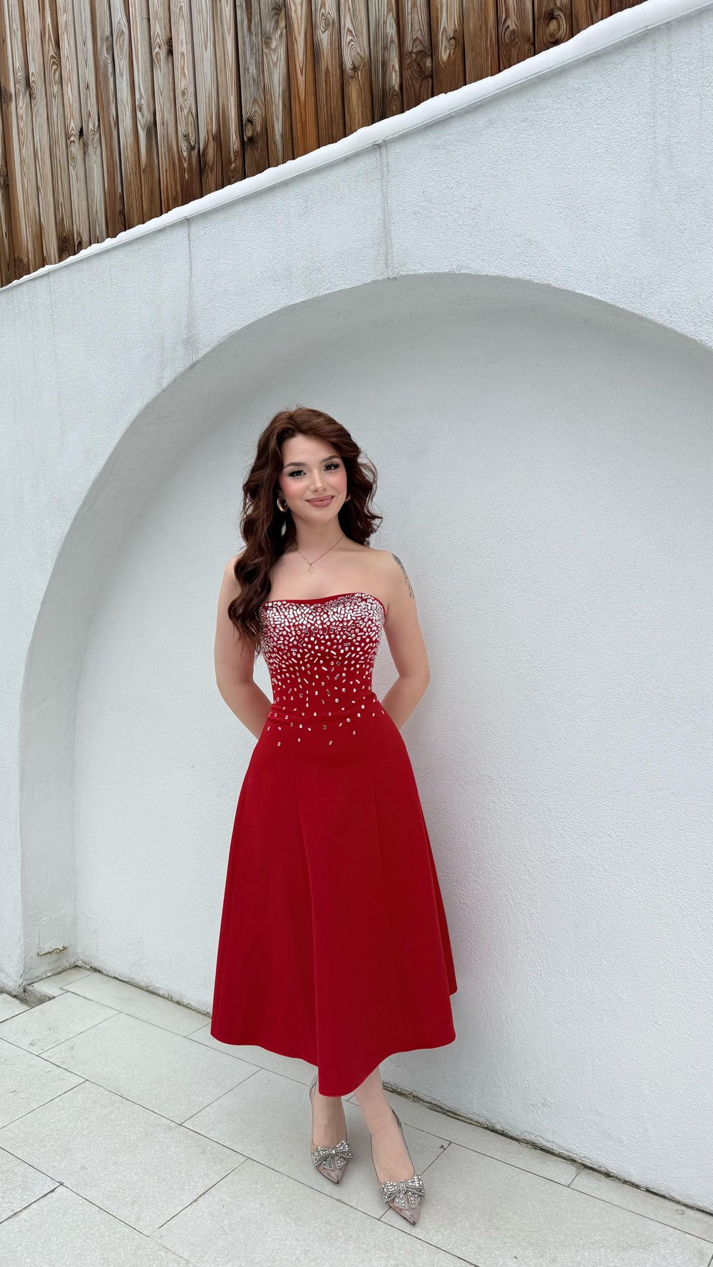 Merida Straplez Taşlı Midi Abiye Kırmızı