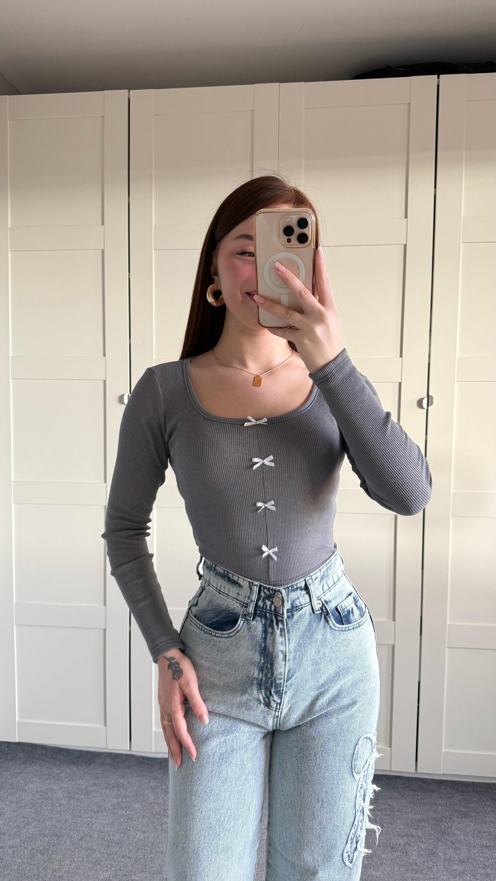 Minik Kurdele Kare Yaka Bluz Gri