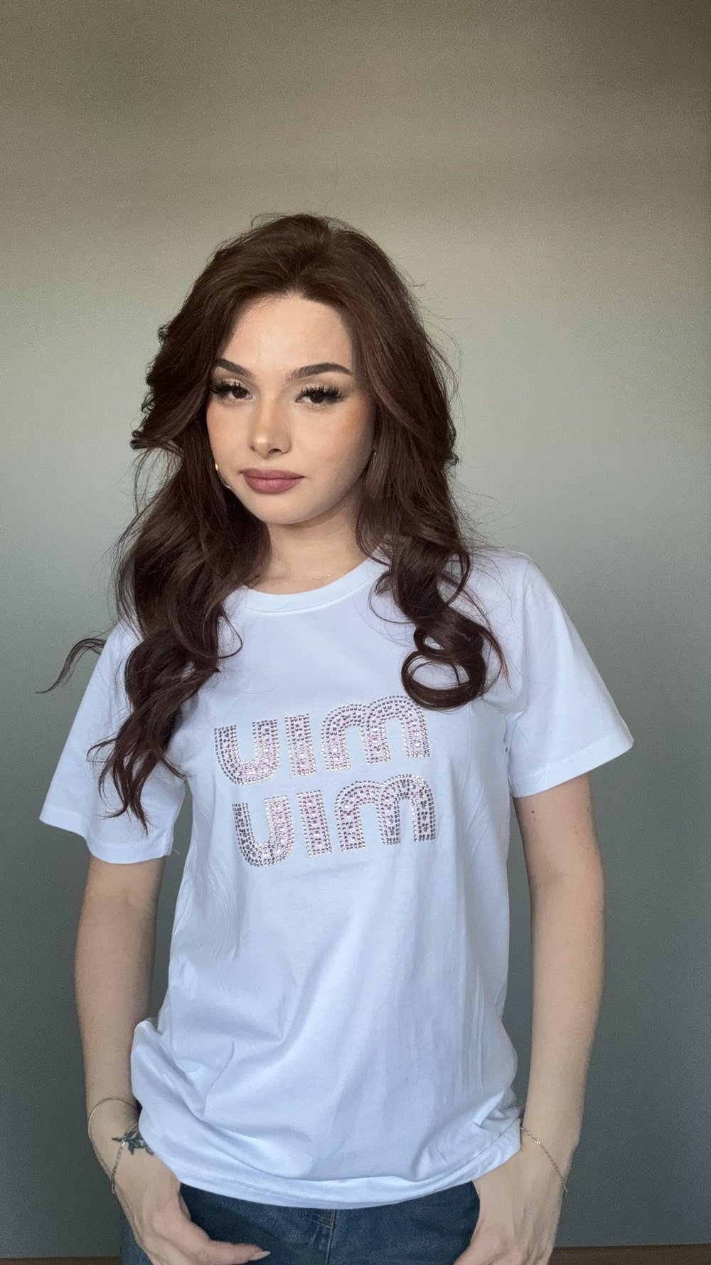 Miu Miu Pembe Taşlı Beyaz Tişört