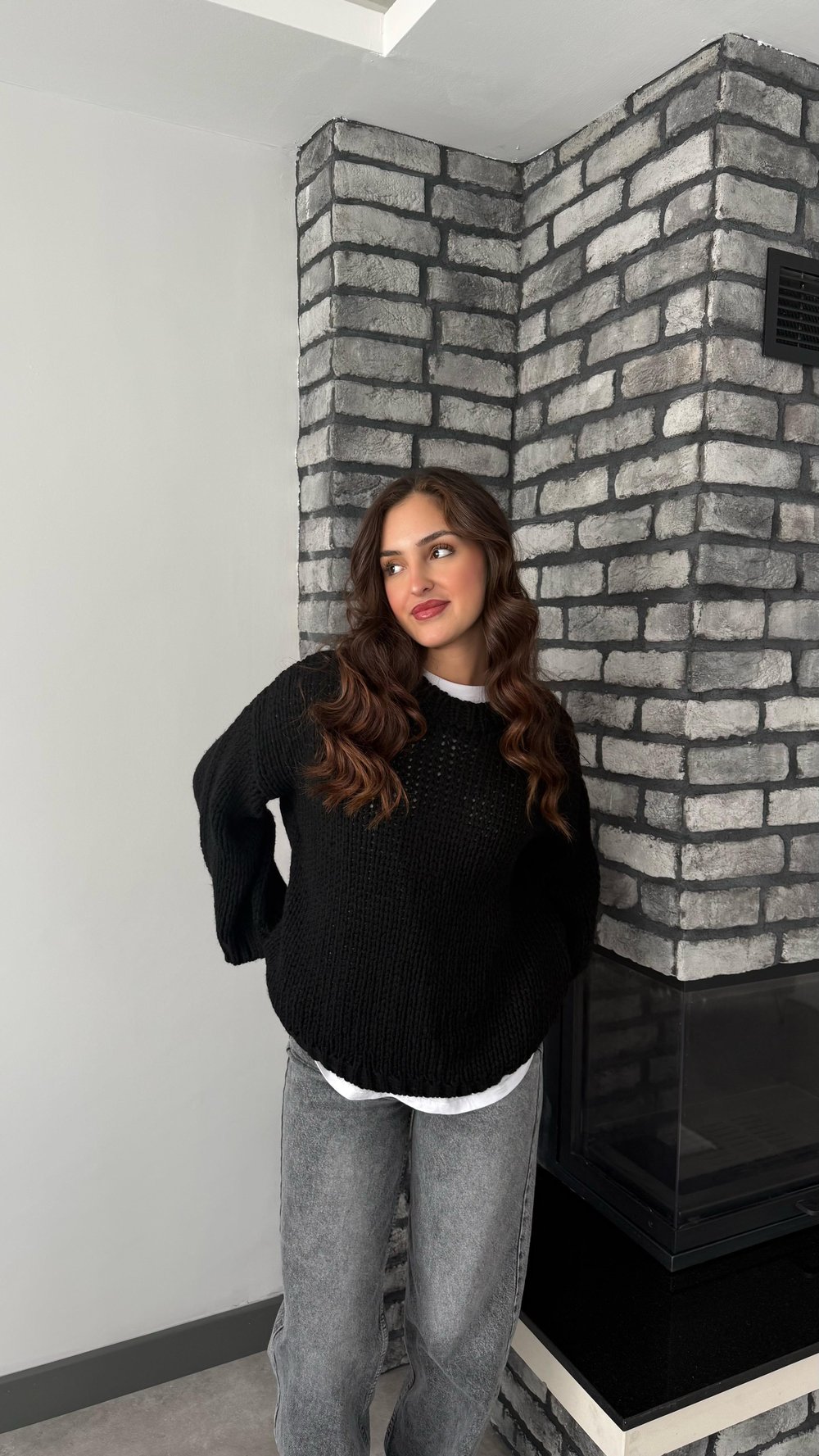 Oversize Örgü Kazak Siyah