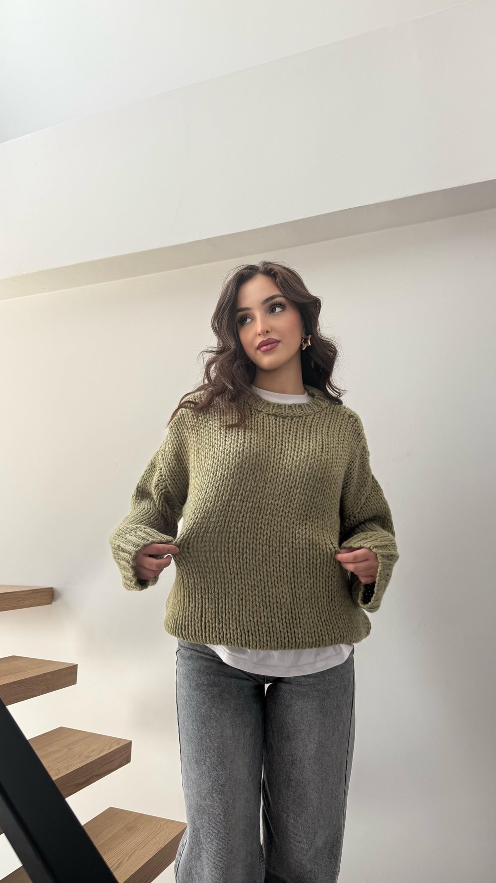 Oversize Örgü Kazak Yeşil