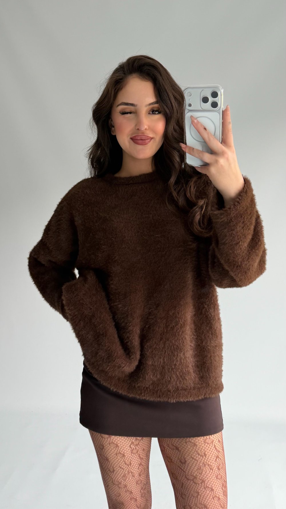 Sakallı Peluş Kazak Kahverengi