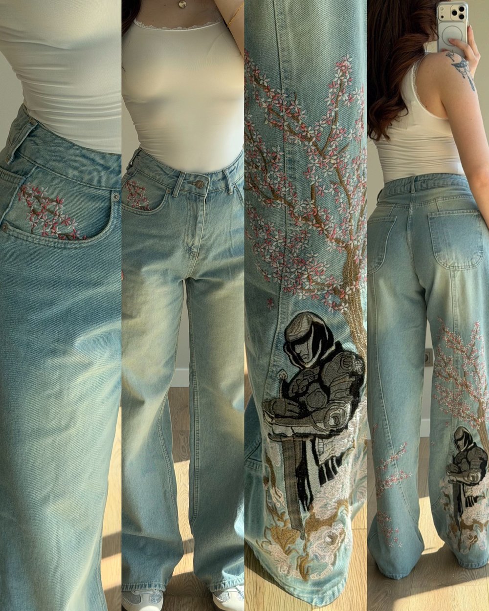 Sakura Nakış Mavi Pantolon