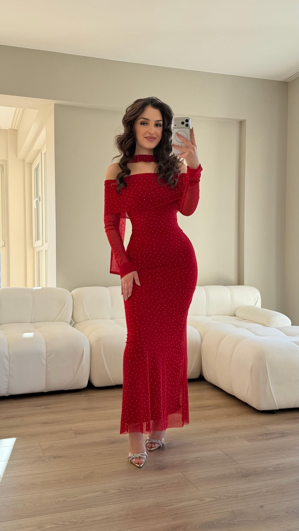 Şal Detay Taşlı Madonna Elbise Kırmızı