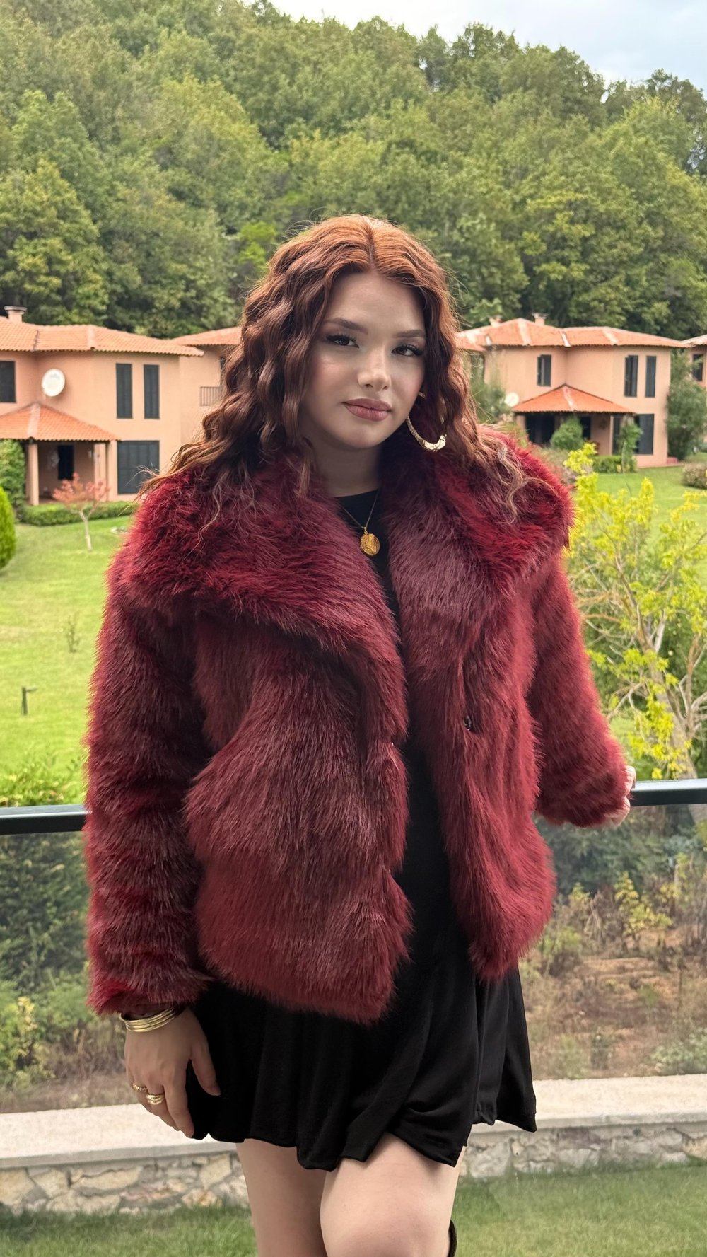 Şal Yaka Oversize Kürk Bordo