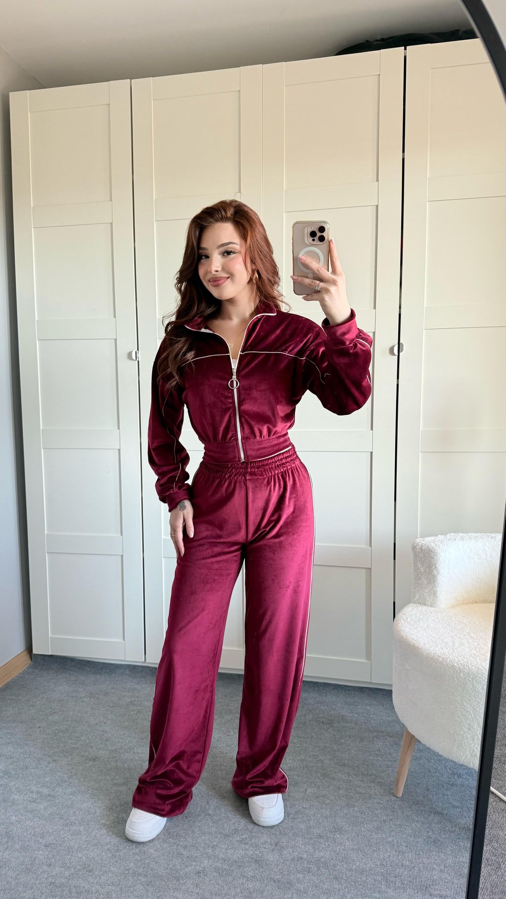 Şeritli Kadife Eşofman Takımı Bordo