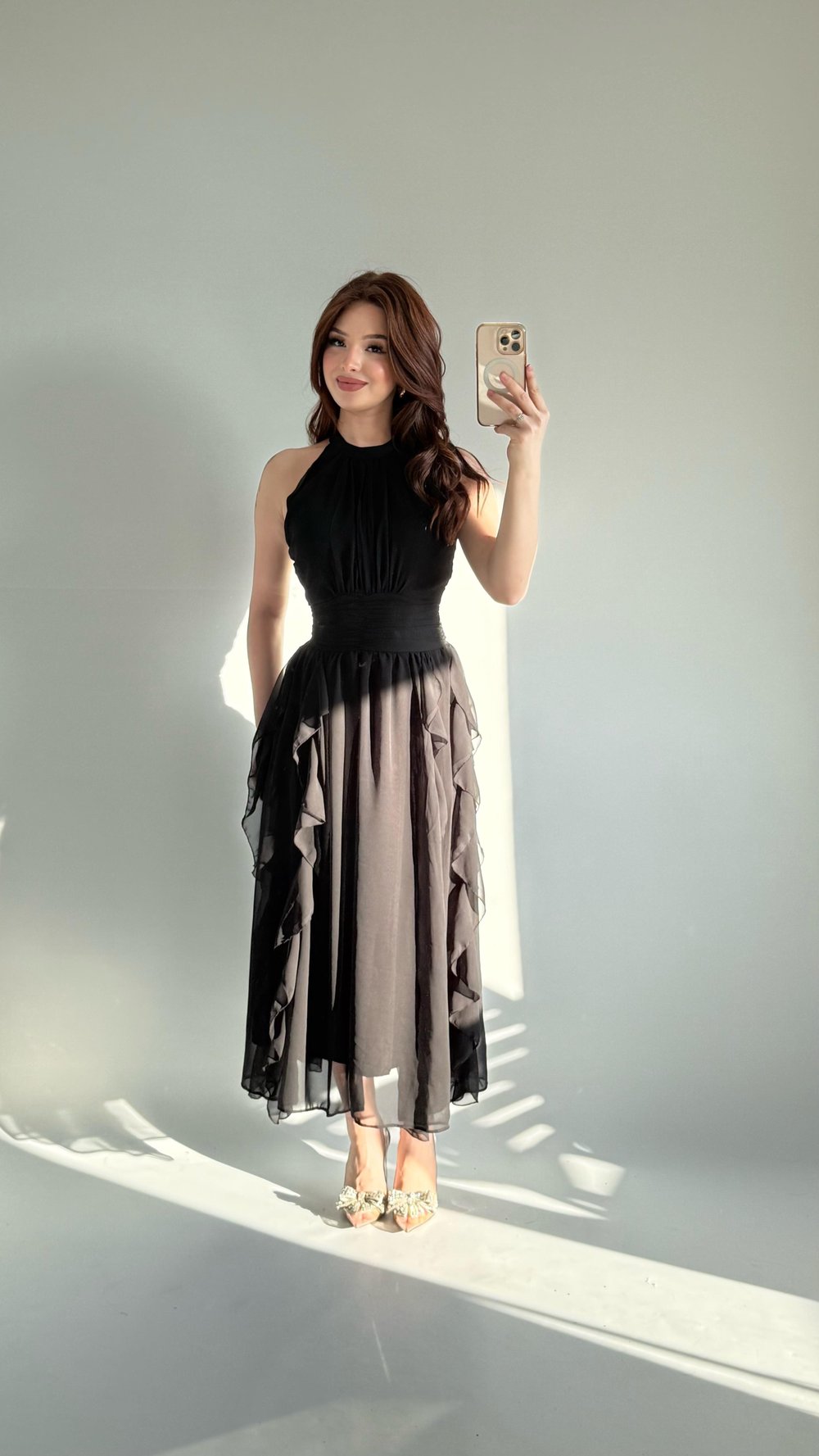 Şifon Drape Yaka Fırfırlı Elbise Siyah
