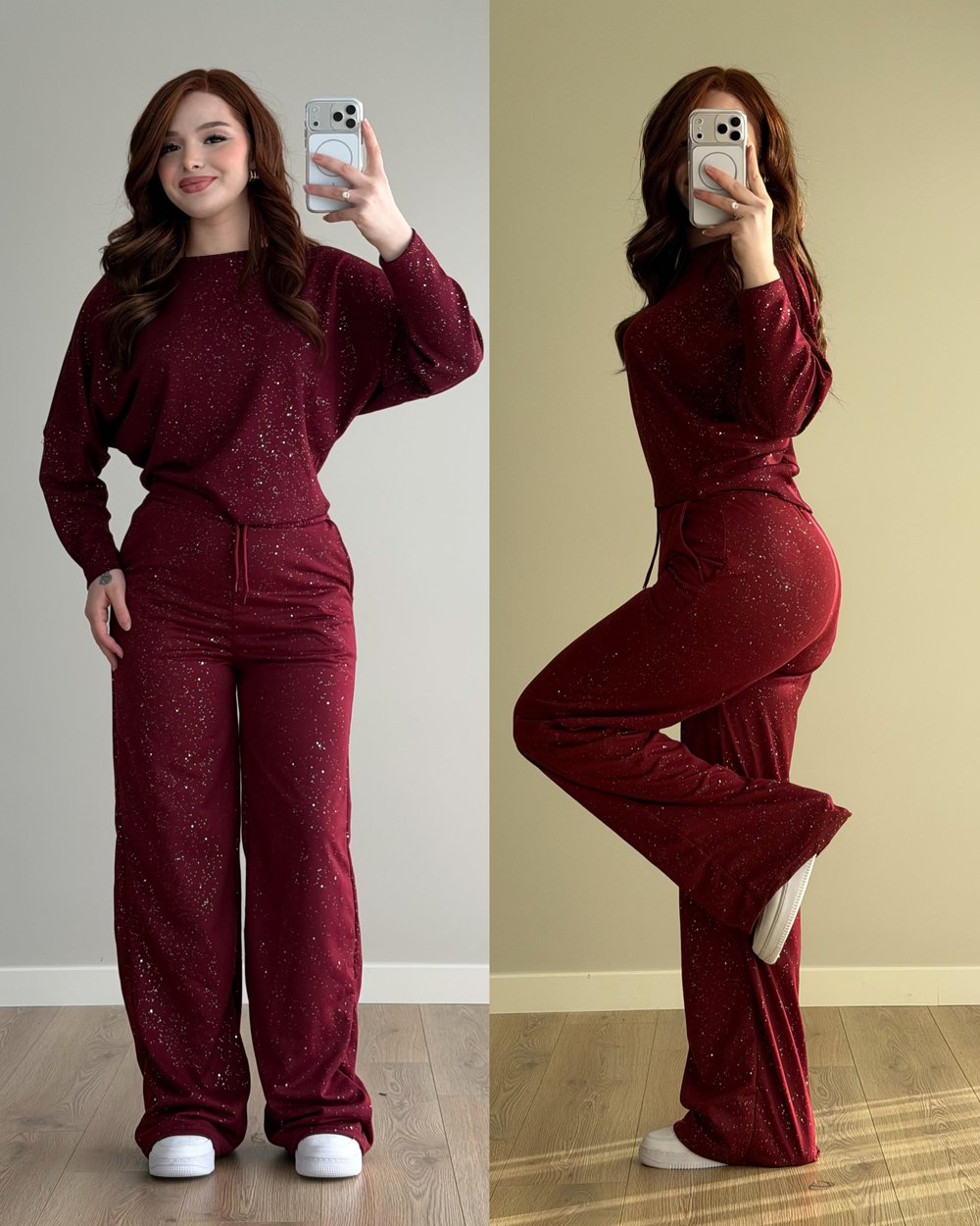 Simli Yüksek Bel Eşofman Bordo