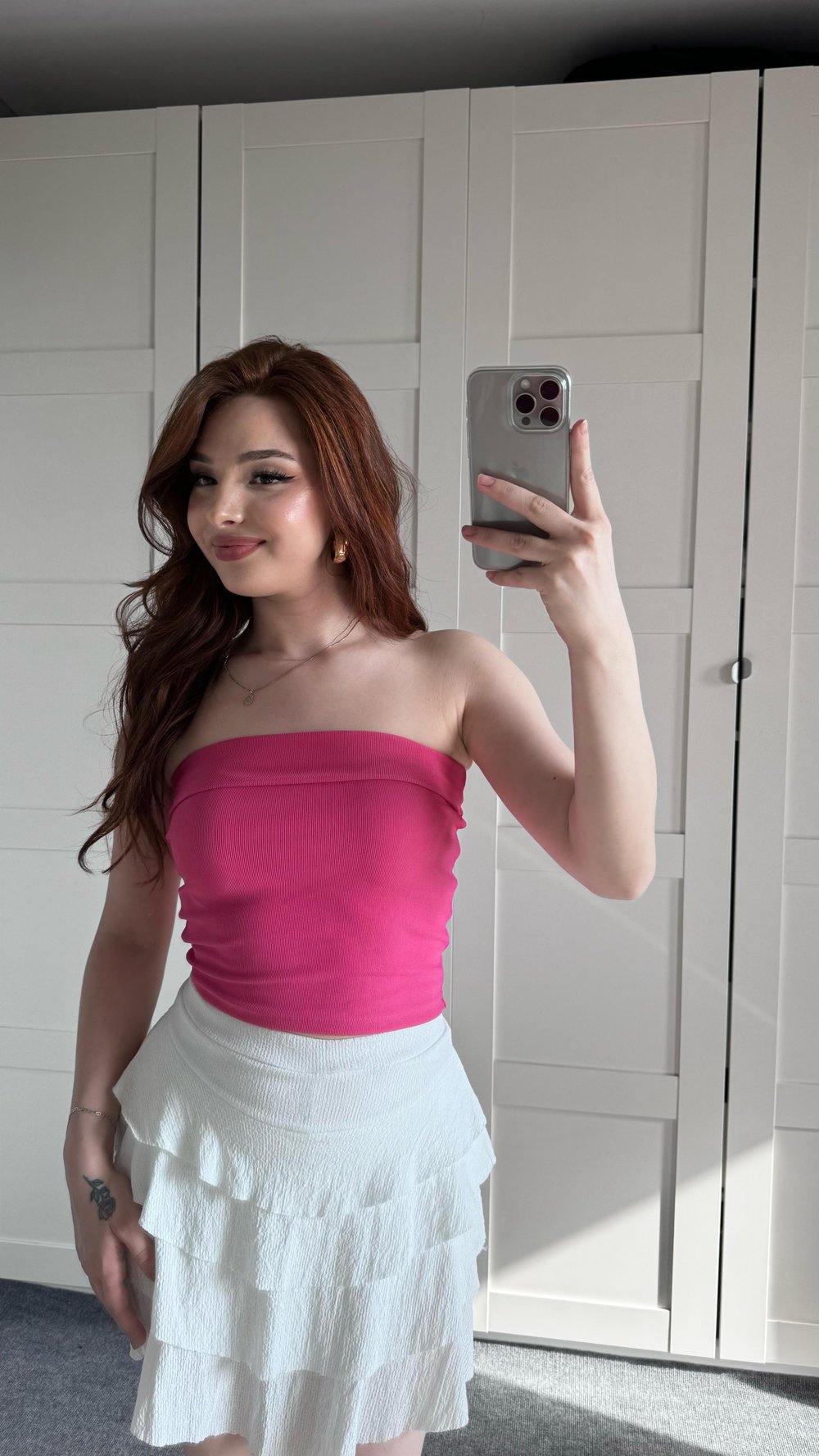 Straplez Katlamalı Crop Pembe