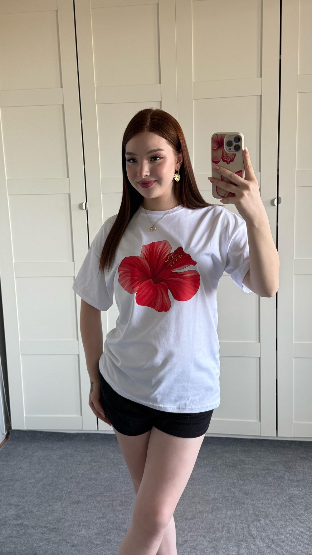 Summer Oversize Tişört Hibiscus Kırmızı Çiçek
