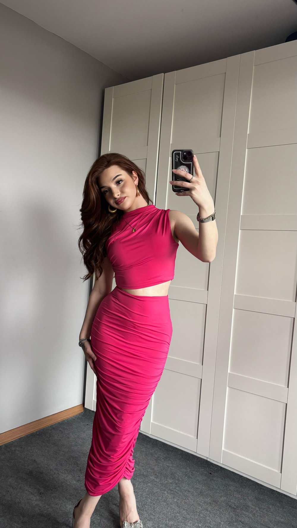 Yandan Drapeli Etek Takım Koyu Pembe