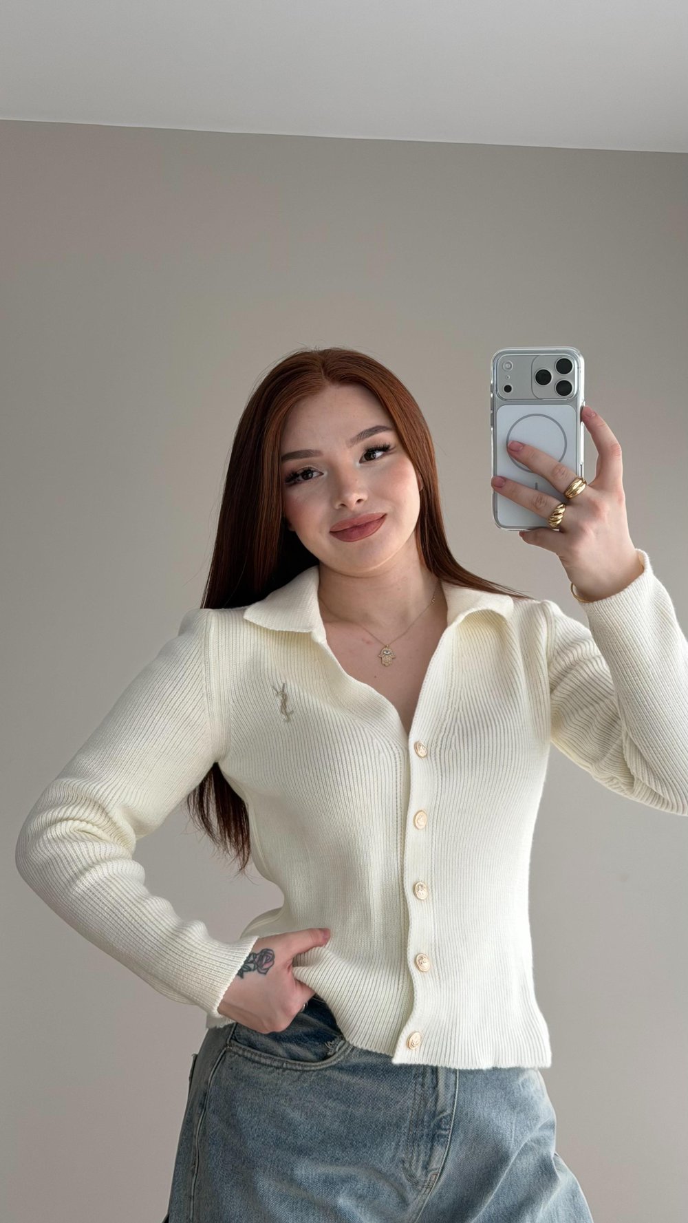 YSL Premium Düğmeli Hırka Ekru