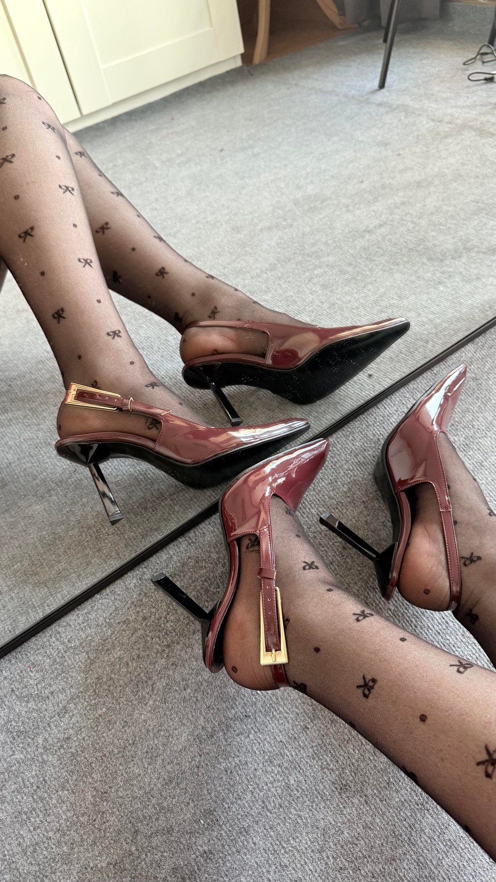 Ysl Sivri Burun Kemerli Bordo Açık Topuklu Ayakkabı Siyah