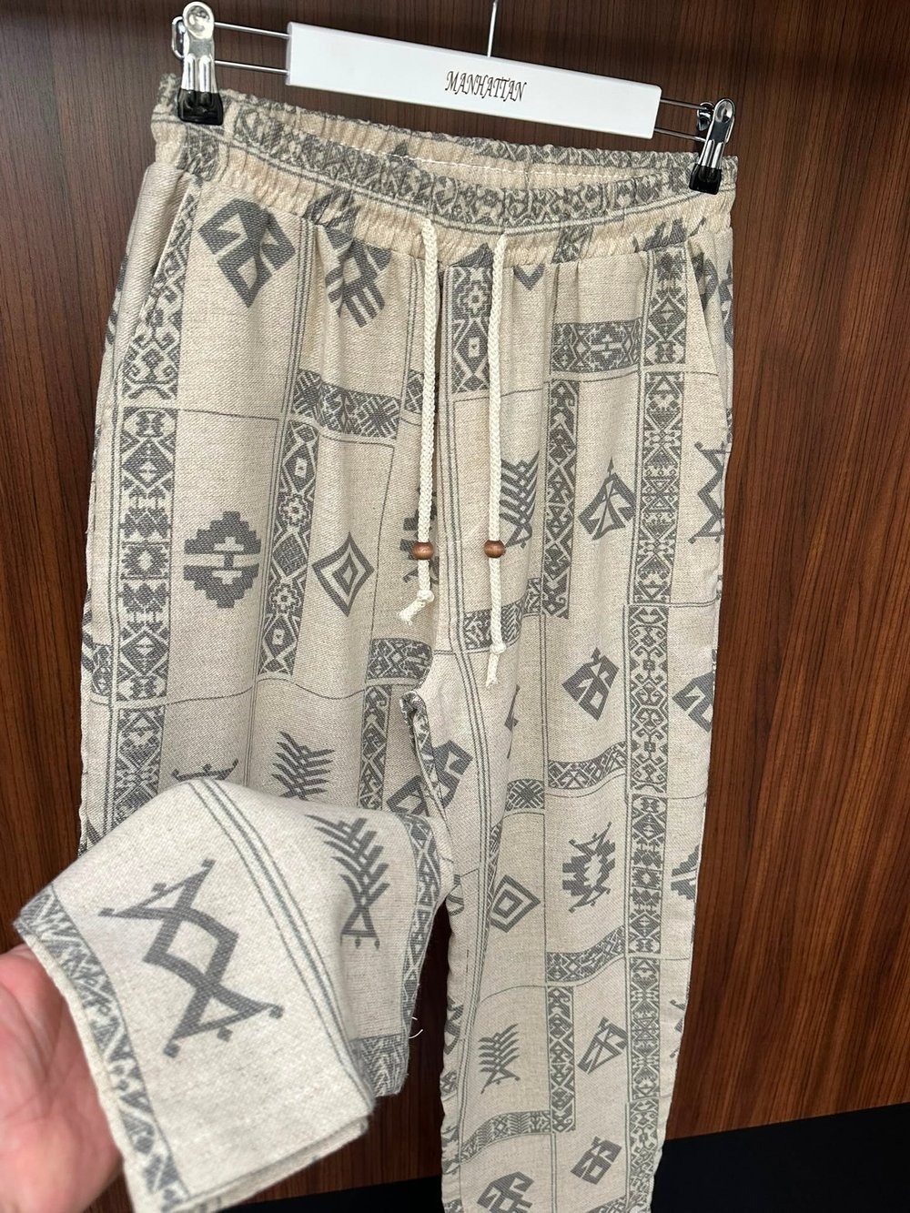 Etnik Desenli Keten Baggy Pantolon