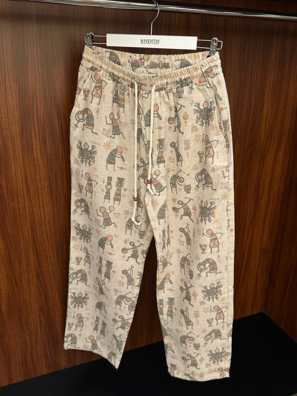 Etnik Desenli Keten Baggy Pantolon