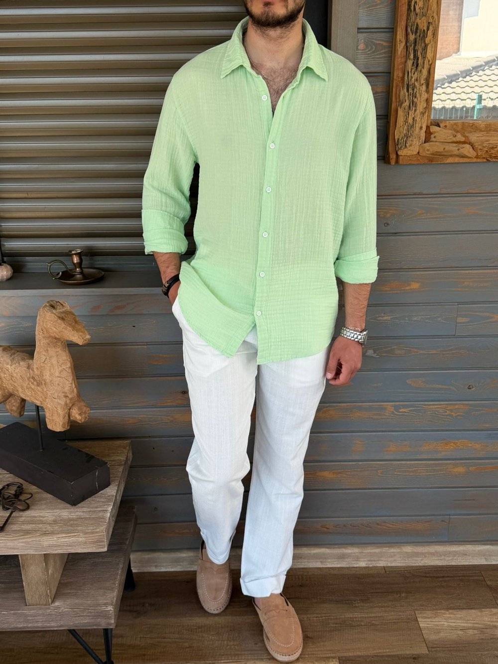 Mikonos Cep Detaylı Basic Müslin Gömlek