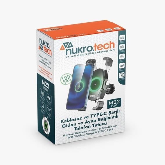 Nukrotech M22 Plus Wireles Şarjlı Ve Type C Telefon Tutucu Gidon Ve Ayna Bağlantılı