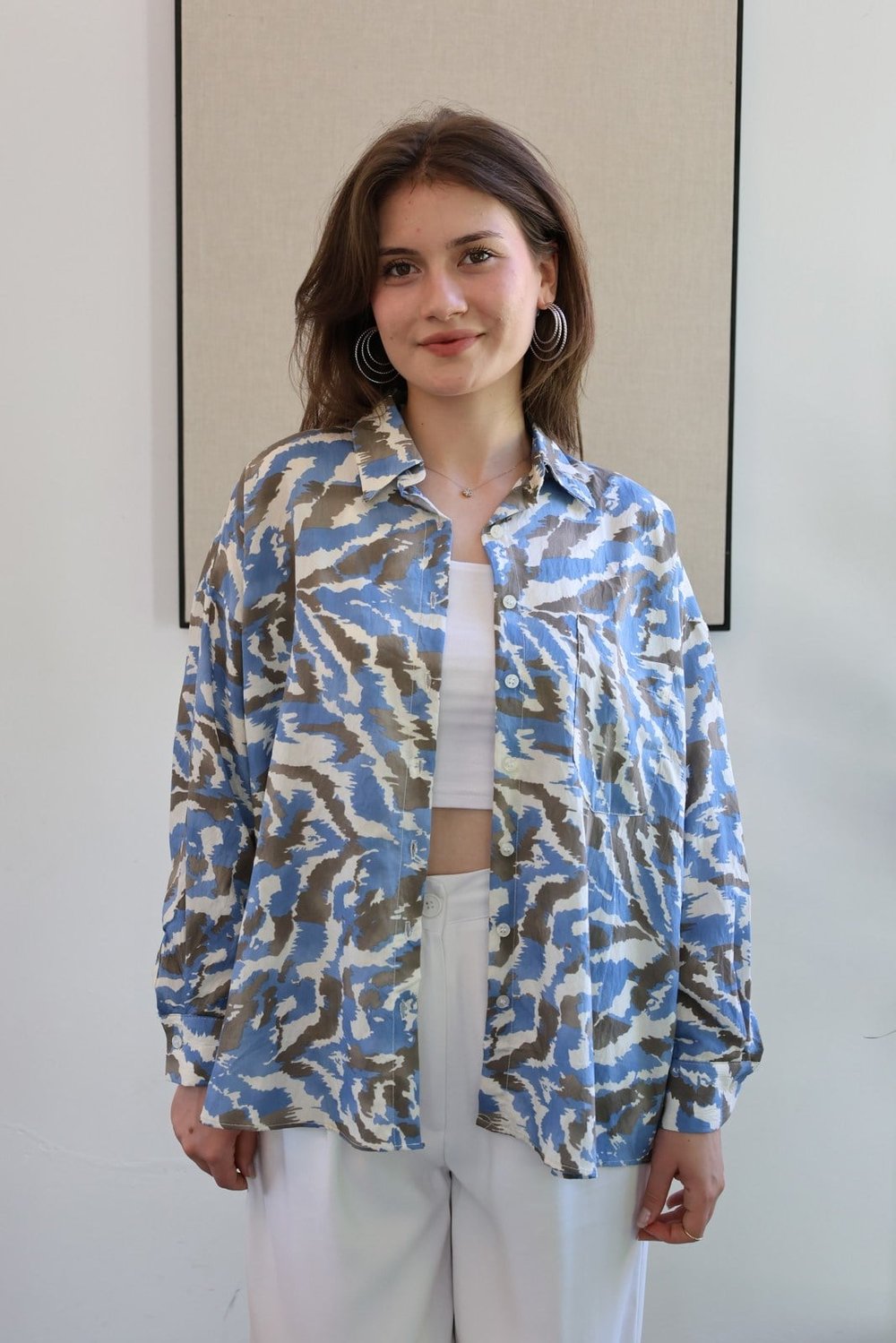 Batik Desen Tiril Kumaş Oversize Gömlek - Mavi