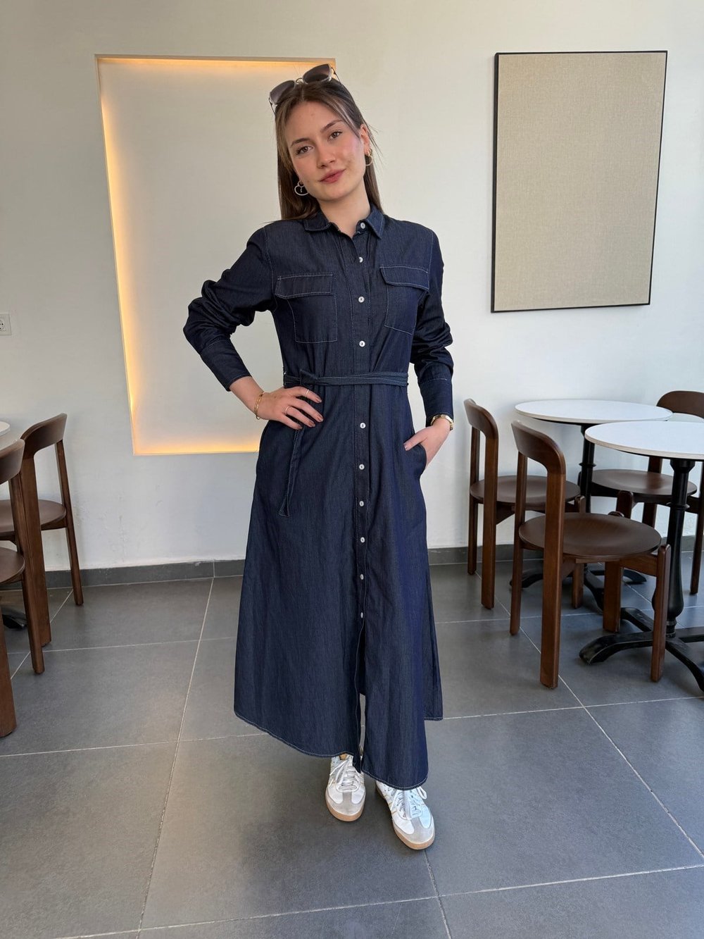 Boydan Düğmeli  Kuşaklı Cotton Elbise