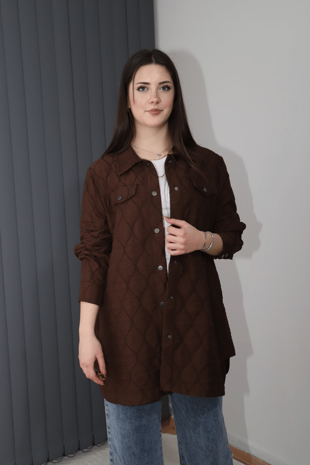 Çıtçıtlı Kapitone Tunik - Kahve