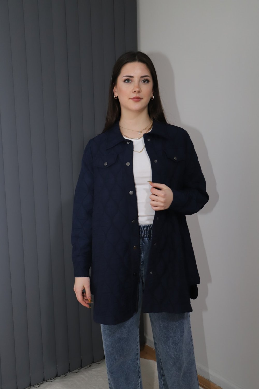 Çıtçıtlı Kapitone Tunik - Lacivert