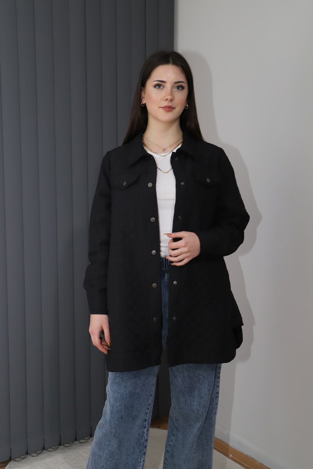Çıtçıtlı Kapitone Tunik - Siyah