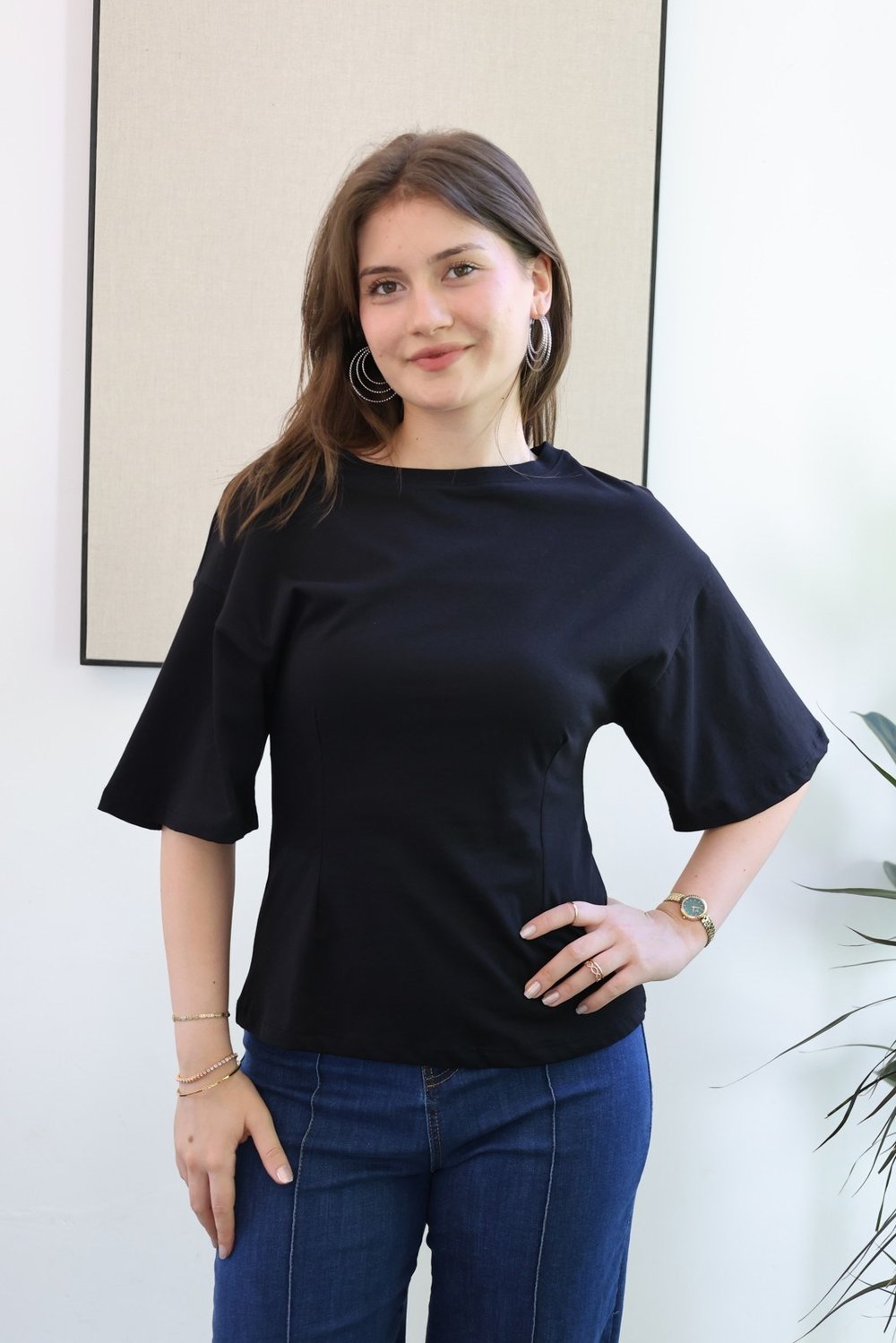 Pamuklu Esnek Yarasa Kol Tshirt - Siyah