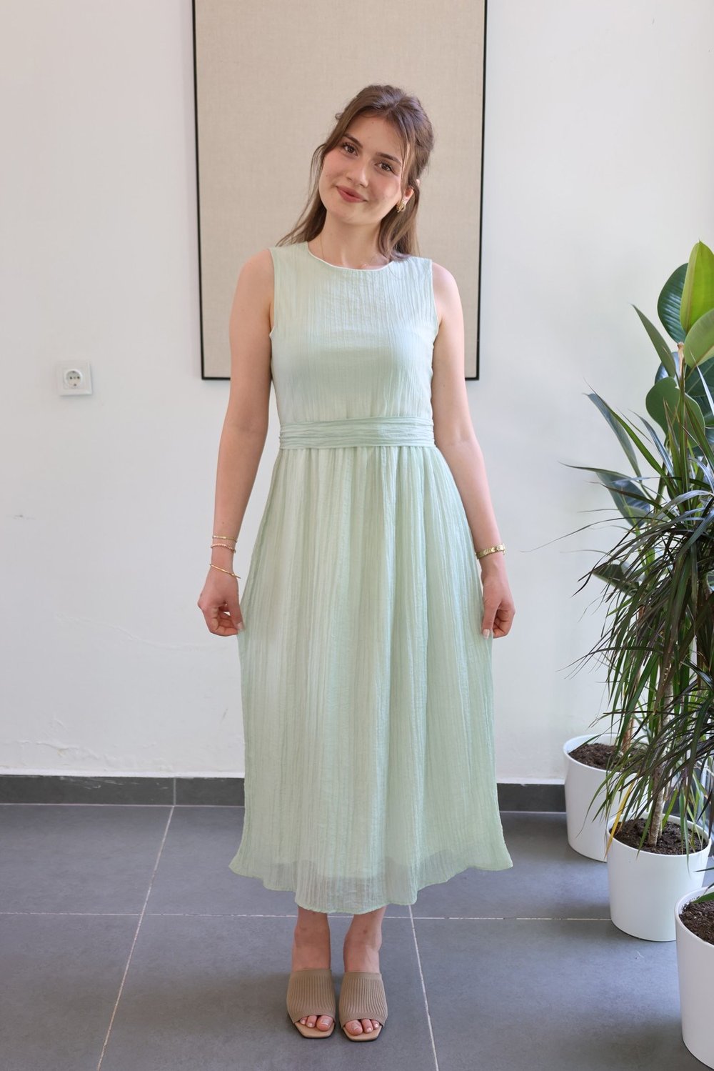 Piliseli Kolsuz Elbise - Mint