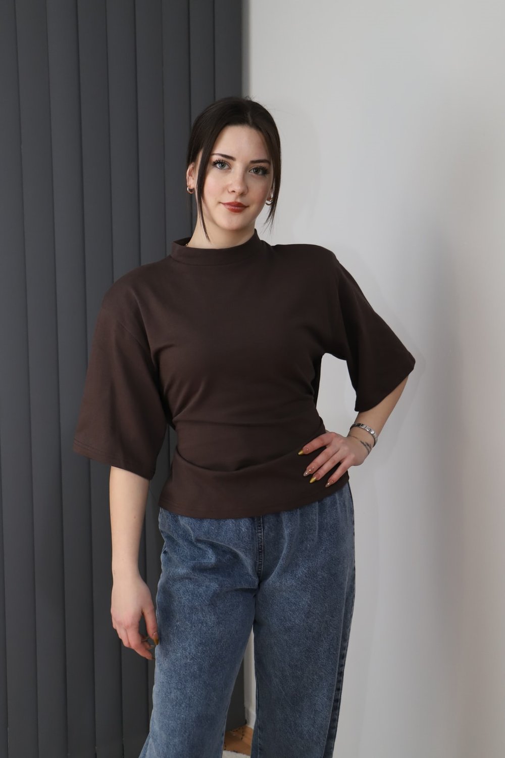 Vatkalı Belden  Oturtmalı T-Shirt - Kahve