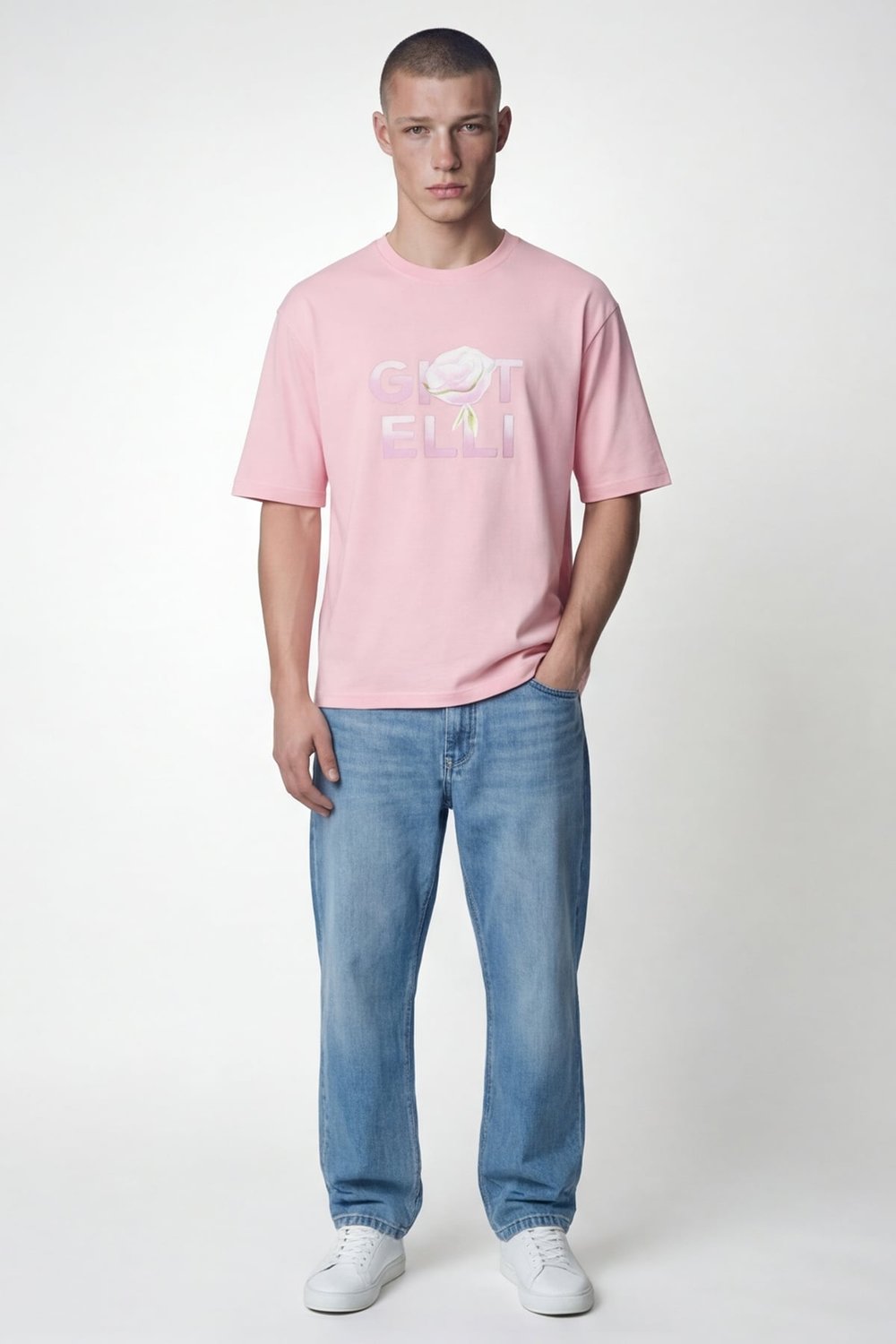 Giotelli Erkek Açık Pembe Geniş Kesim Oversize Fit %100 Pamuk Baskılı Bisiklet Yaka Tişört