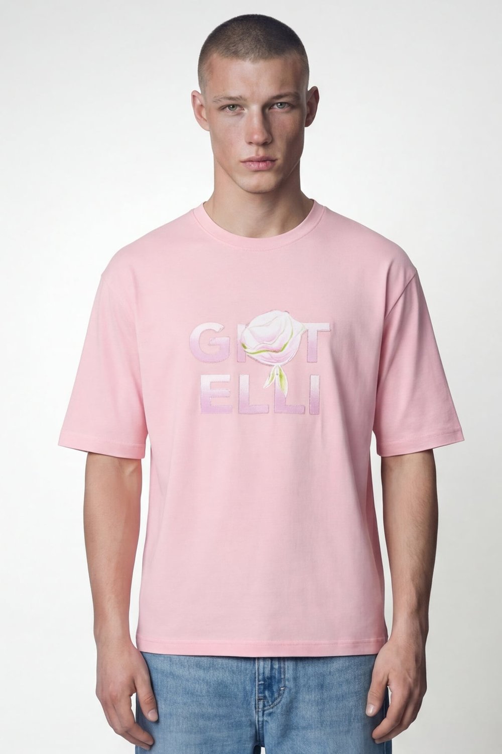 Giotelli Erkek Açık Pembe Geniş Kesim Oversize Fit %100 Pamuk Baskılı Bisiklet Yaka Tişört